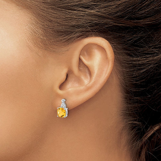 Checkerboard Citrine and Diamond Earrings — 14K White Gold