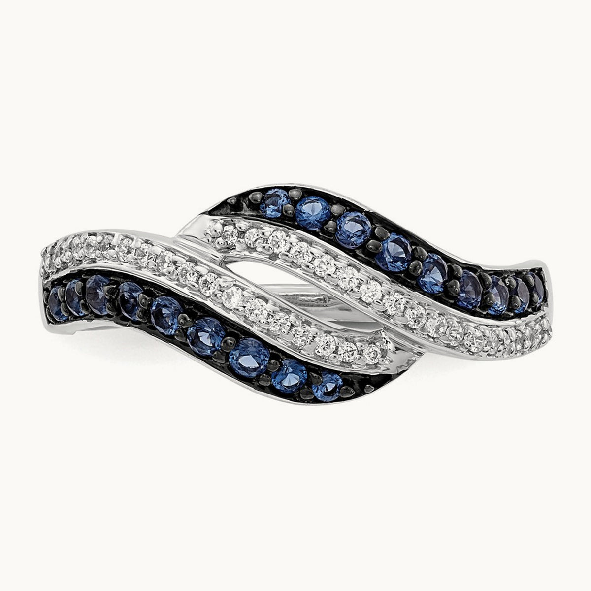 Blue and White Diamond Swirl Ring, 14K White Gold