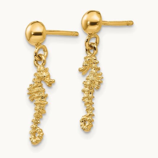 3-D Mini Seahorse Dangle Post Earrings, 14K