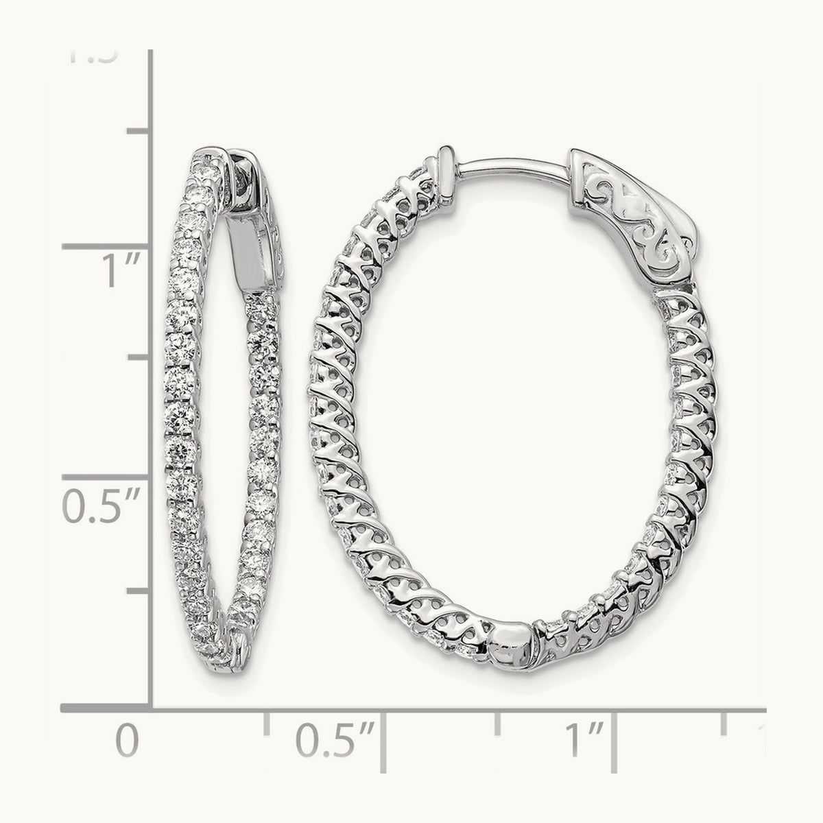 Diamond Oval Hoop w/Safety Clasp Earrings, 14K White Gold