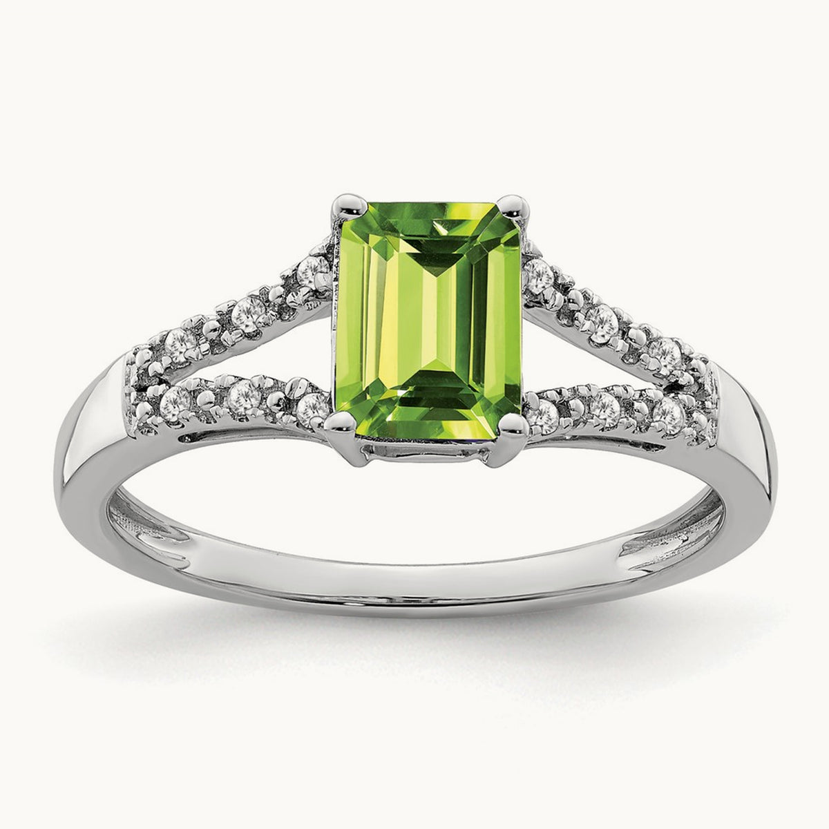Emerald-cut Peridot and Diamond Ring, 14K White Gold