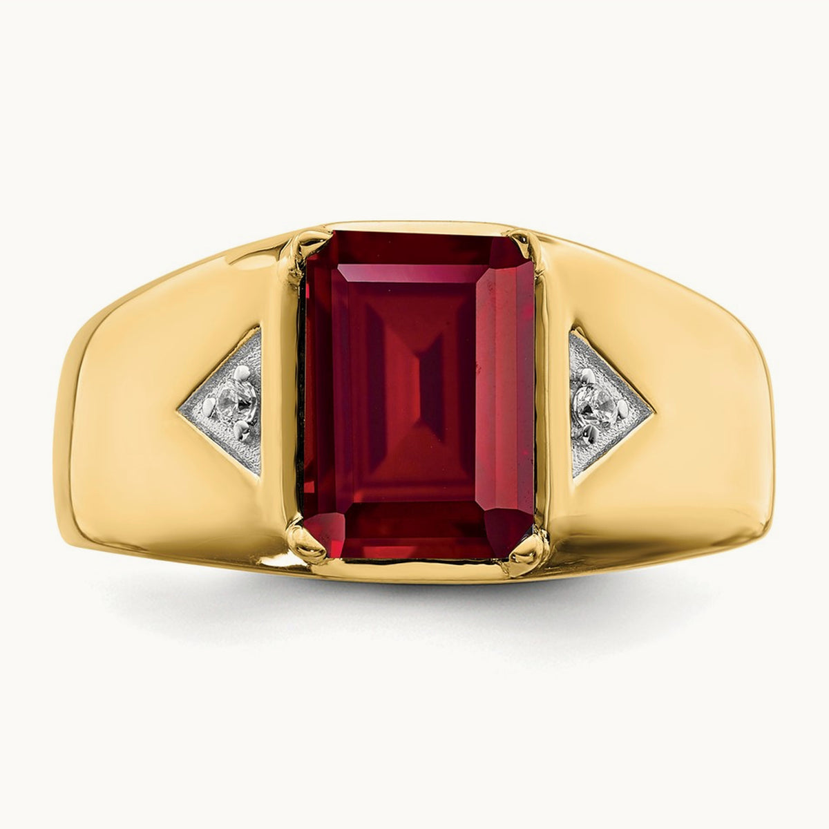 Emerald-cut Created Ruby and Diamond Polished Mens Ring, 14K