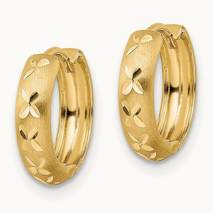 Diamond-cut X Satin 3x13mm Hinged Hoop Earrings — 14K Yellow Gold