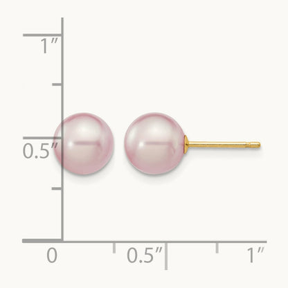 7- Purple Round Freshwater Cultured Pearl Stud Post Earrings, 8mm, 14K