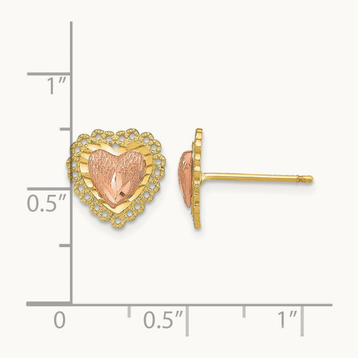 D/C Heart w/ Lace Trim Post Earrings, 14K Two-tone