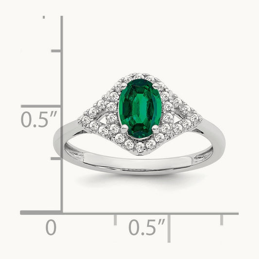 Oval Created Emerald and Diamond Ring, 14K White Gold