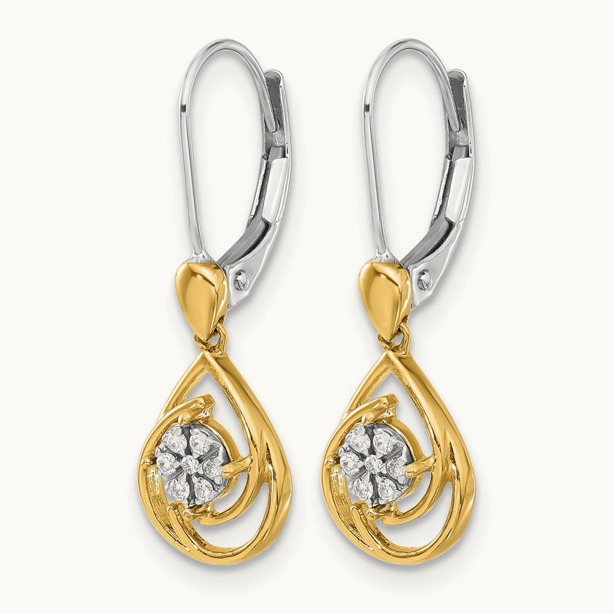 Diamond Teardrop Dangle Leverback Earrings, 14K Two-tone