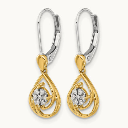 Diamond Teardrop Dangle Leverback Earrings, 14K Two-tone