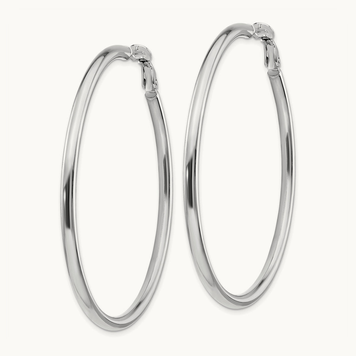 Polished Round Omega Back Hoop Earrings — 14K White Gold, 3x57mm