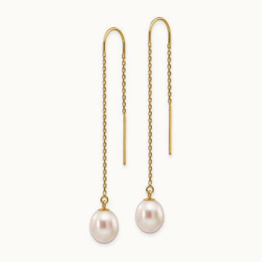 7- White Rice Freshwater Cultured Pearl Dangle Threader Earrings, 8mm, 14K