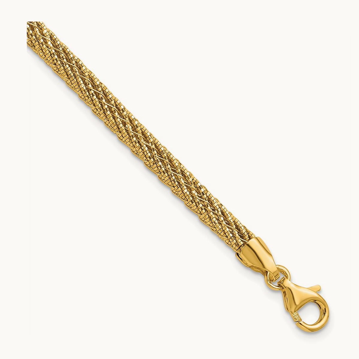Polished and D/C Round Woven Wire 7.5in Bracelet, 14K