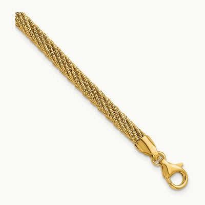 Polished and D/C Round Woven Wire 7.5in Bracelet, 14K