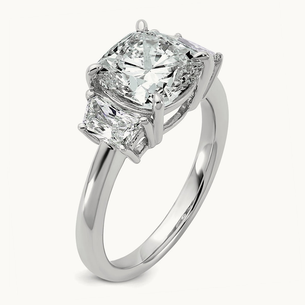 Cushion & 1/2 Moon Engagement Ring — 14K White Gold, 3 3/4 ct, 7