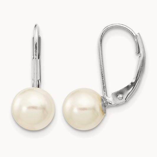 7- Round White Saltwater Akoya Pearl Leverback Earrings, 8mm, 14K White Gold