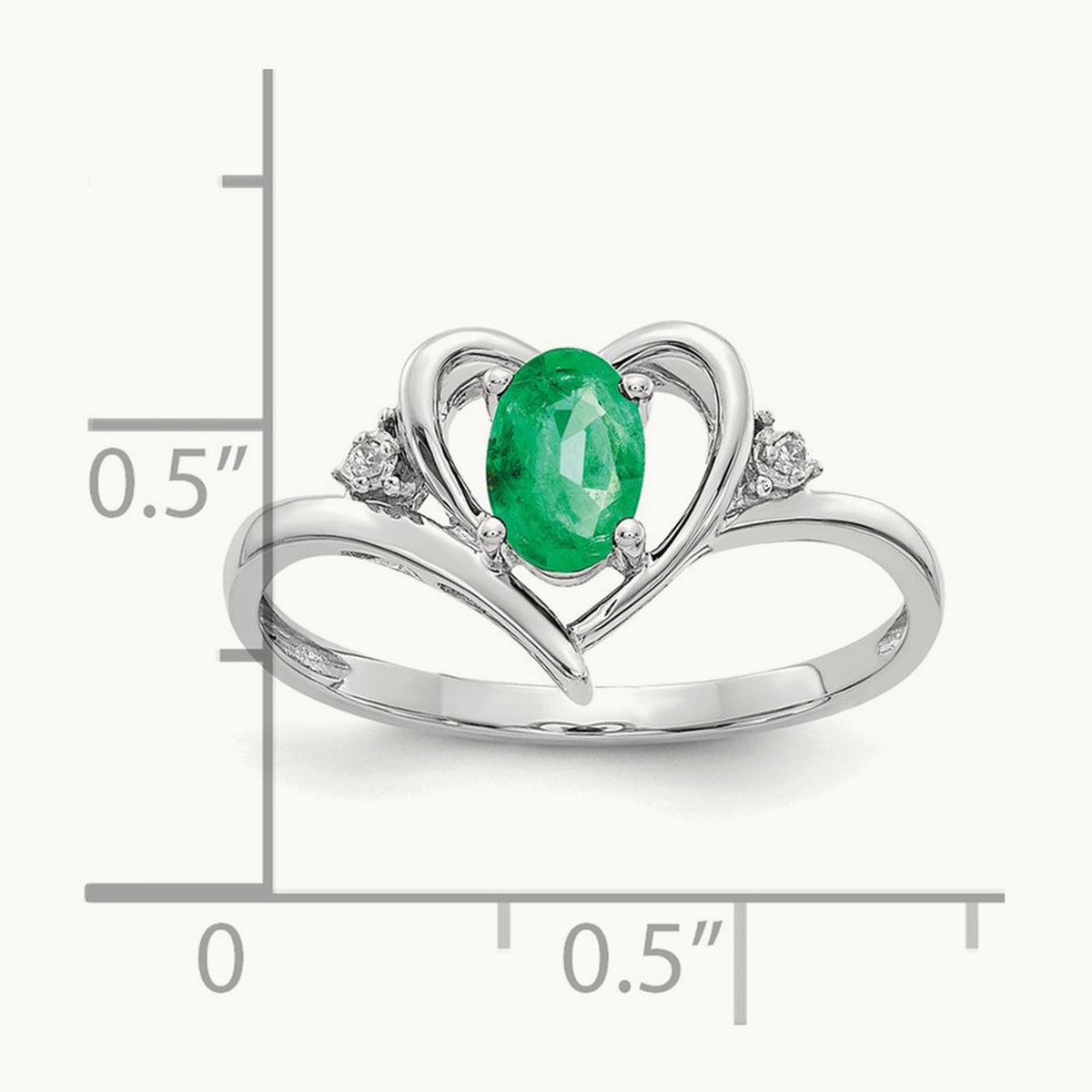 Emerald and Diamond Heart Ring — 14K White Gold, 7
