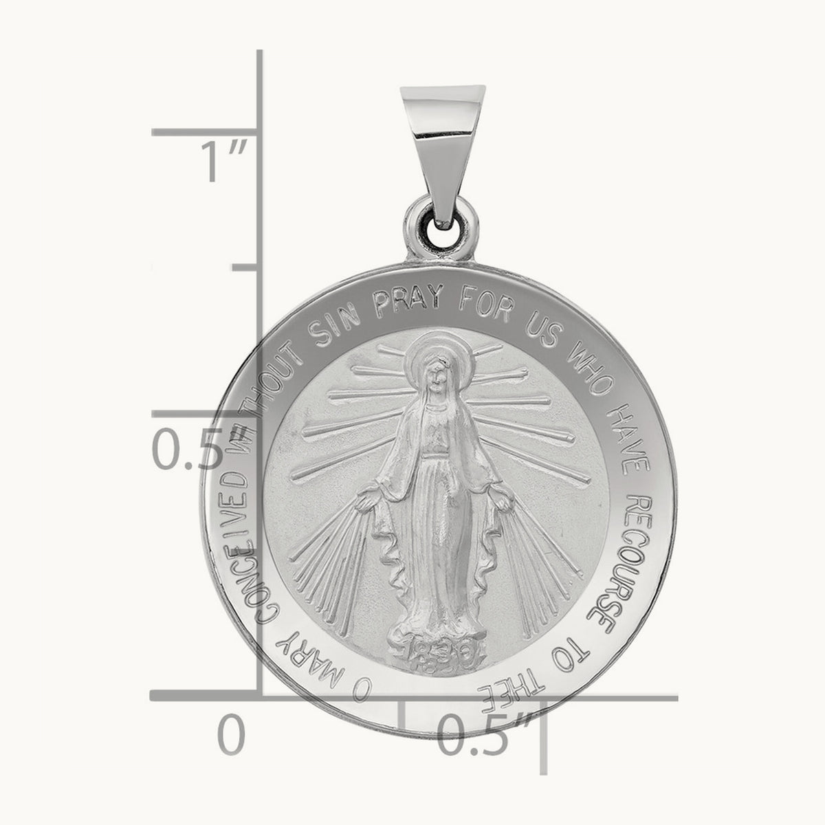Polished / Satin Miraculous Medal Hollow Pendant, 14K White Gold
