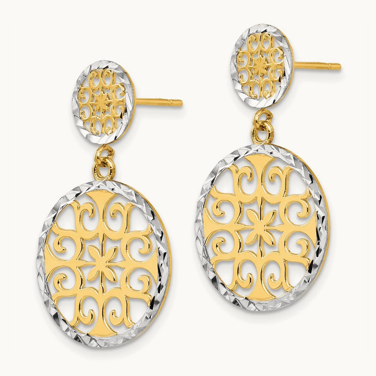 & Rhodium D/C Circles Dangle Post Earrings, 14K