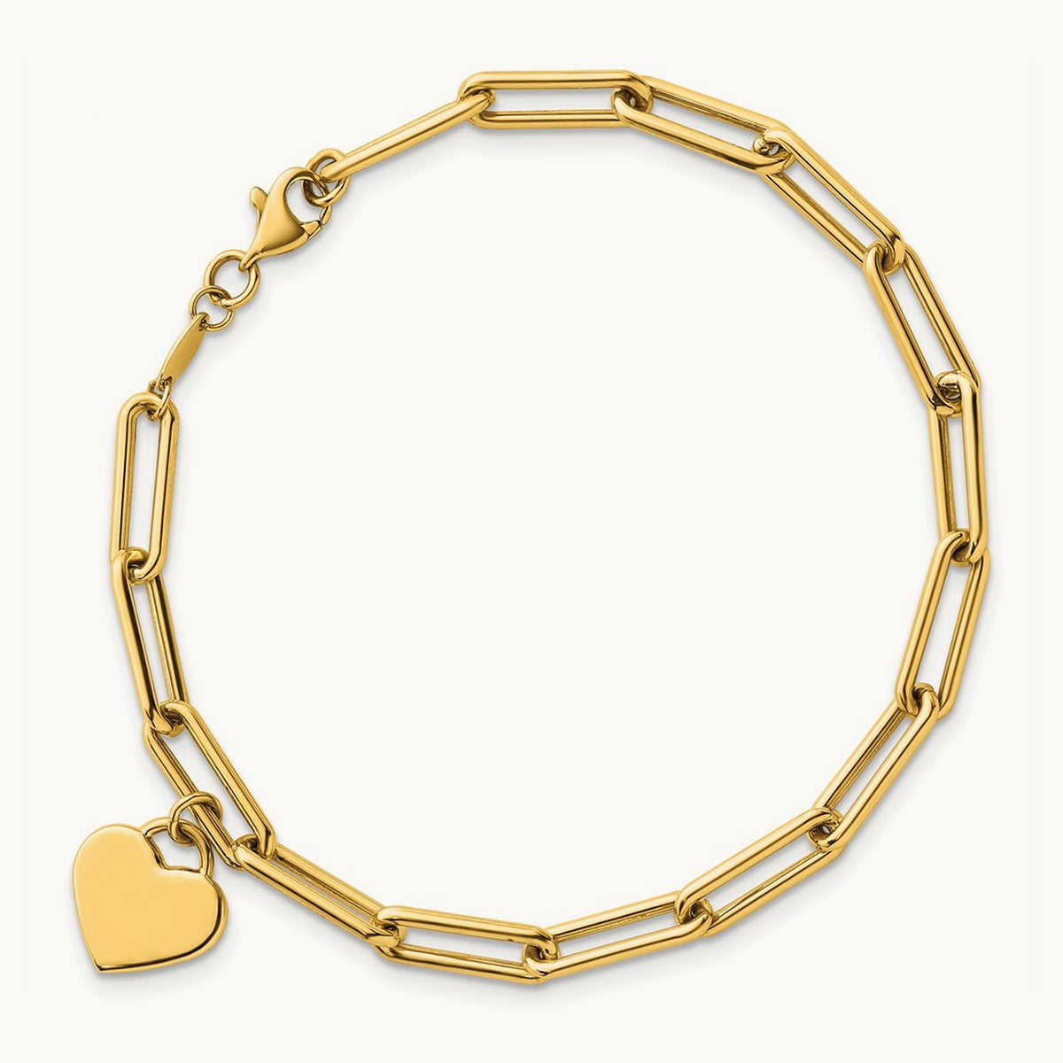 Polished Dangle Heart 7.5in Paperclip Bracelet, 14K