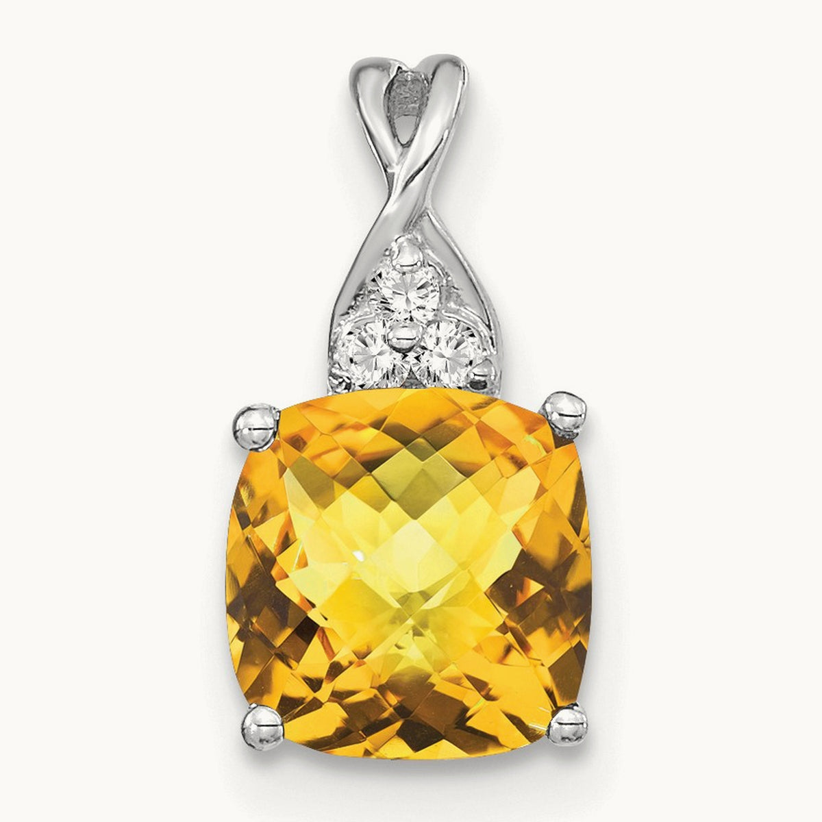 Checkerboard Citrine and Diamond Pendant — 14K White Gold