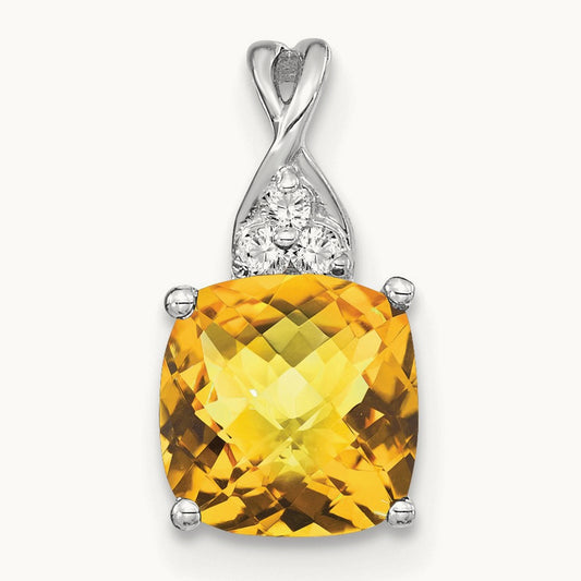 Checkerboard Citrine and Diamond Pendant — 14K White Gold