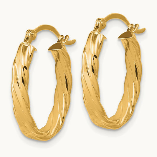 Patterned Oval Hoop Earrings — 14K Yellow Gold