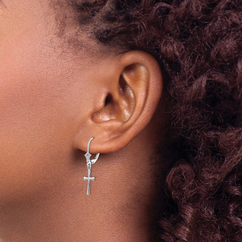 Polished Cross Leverback Earrings — 14K White Gold, 30.25mm