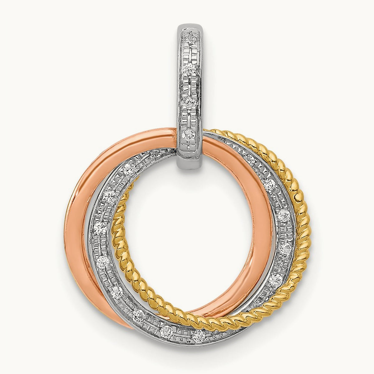 Tri-color 1/20ct. Diamond Moveable Circles Pendant, 14K