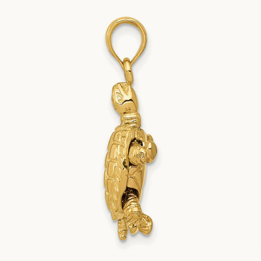 Solid Polished 3-D Moveable Turtle Pendant — 14K Yellow Gold, 25mm