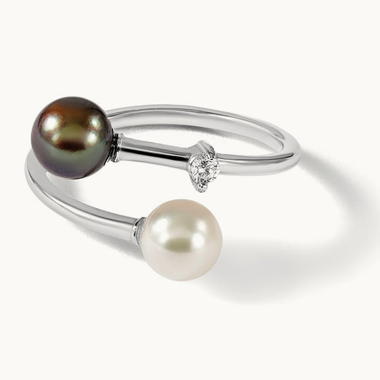 WG 5- Round Black & White Saltwater Akoya Pearl Dia. Adj. Ring, 6mm, 14K