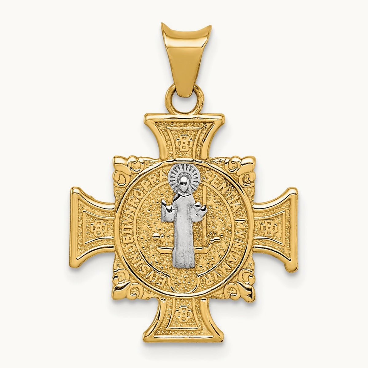 w/Rhodium St. Benedict Semi-solid Pendant, 14K