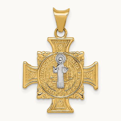 w/Rhodium St. Benedict Semi-solid Pendant, 14K