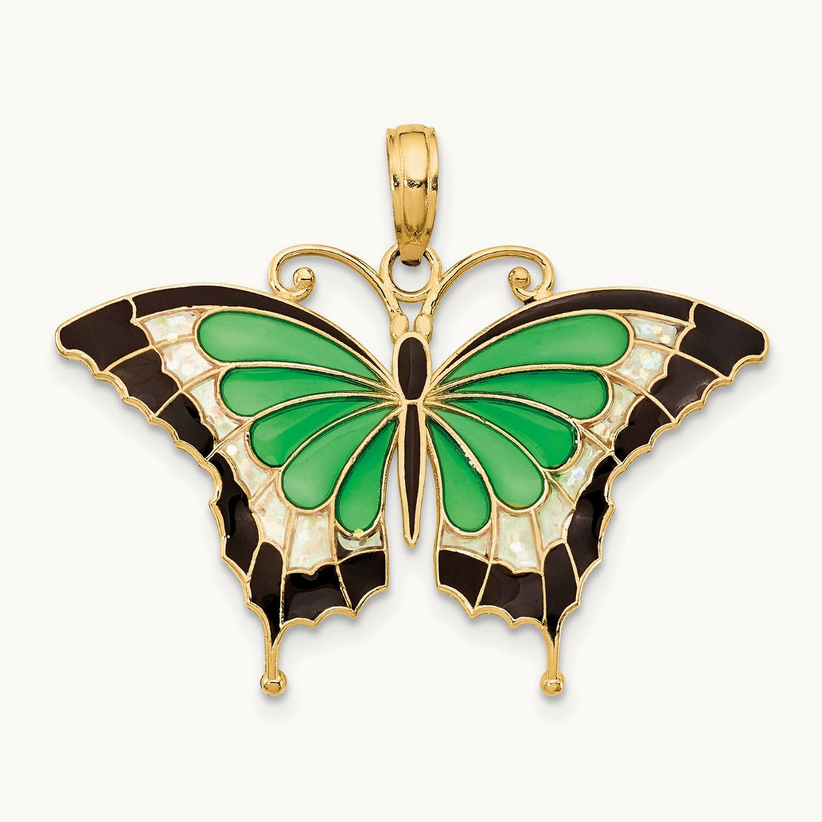 Green Enameled Butterly Pendant, 14K
