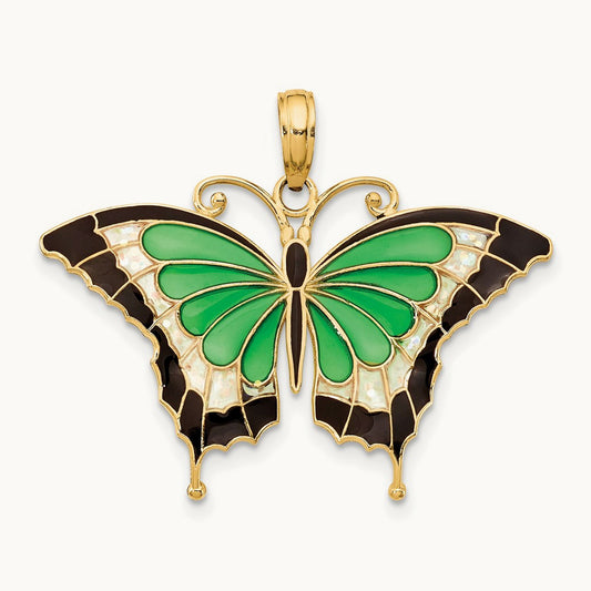 Green Enameled Butterly Pendant, 14K