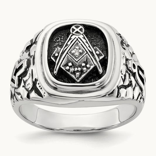 Men's Antiqued Textured w/ Black Enamel & Diamond Masonic Ring, 14K White Gold