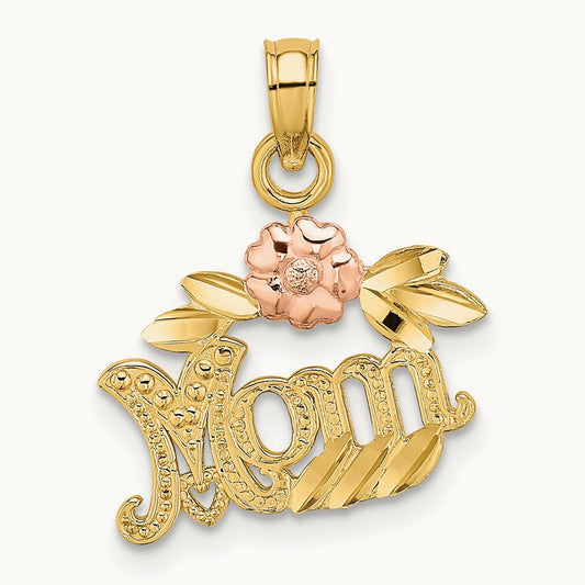 Textured Scroll w/ Flower MOM Charm, 14K Two-tone
