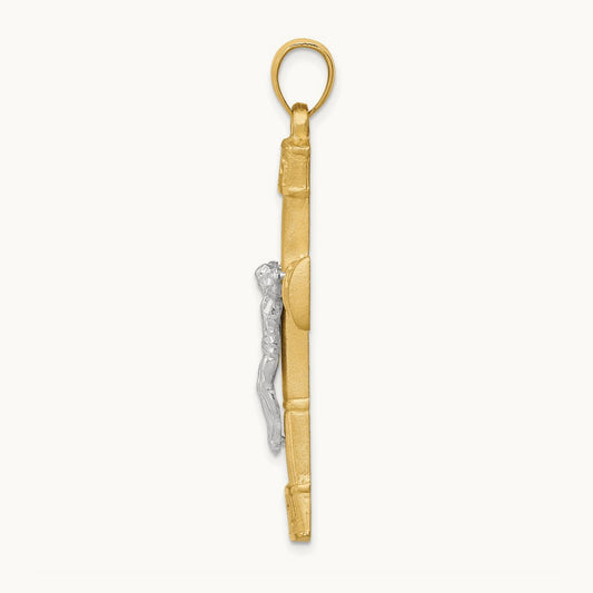 Brushed & Polished Greek Key Crucifix Pendant, 14K Two-tone