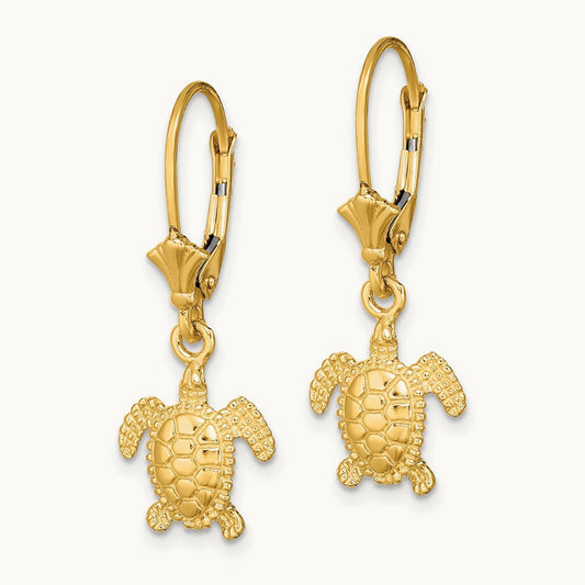 3-D Polished Mini Sea Turtle Leverback Earrings, 14K