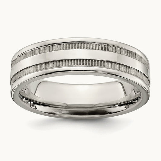 Polished Grooved and Beaded Band, 6mm, Stainless Steel
