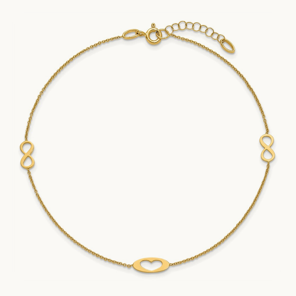 Polished Infinity and Heart 9in Plus 1in ext Anklet, 14K