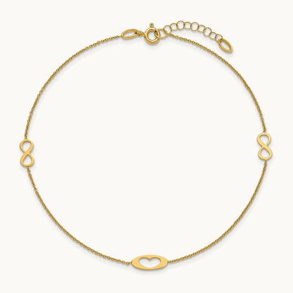 Polished Infinity and Heart 9in Plus 1in ext Anklet, 14K