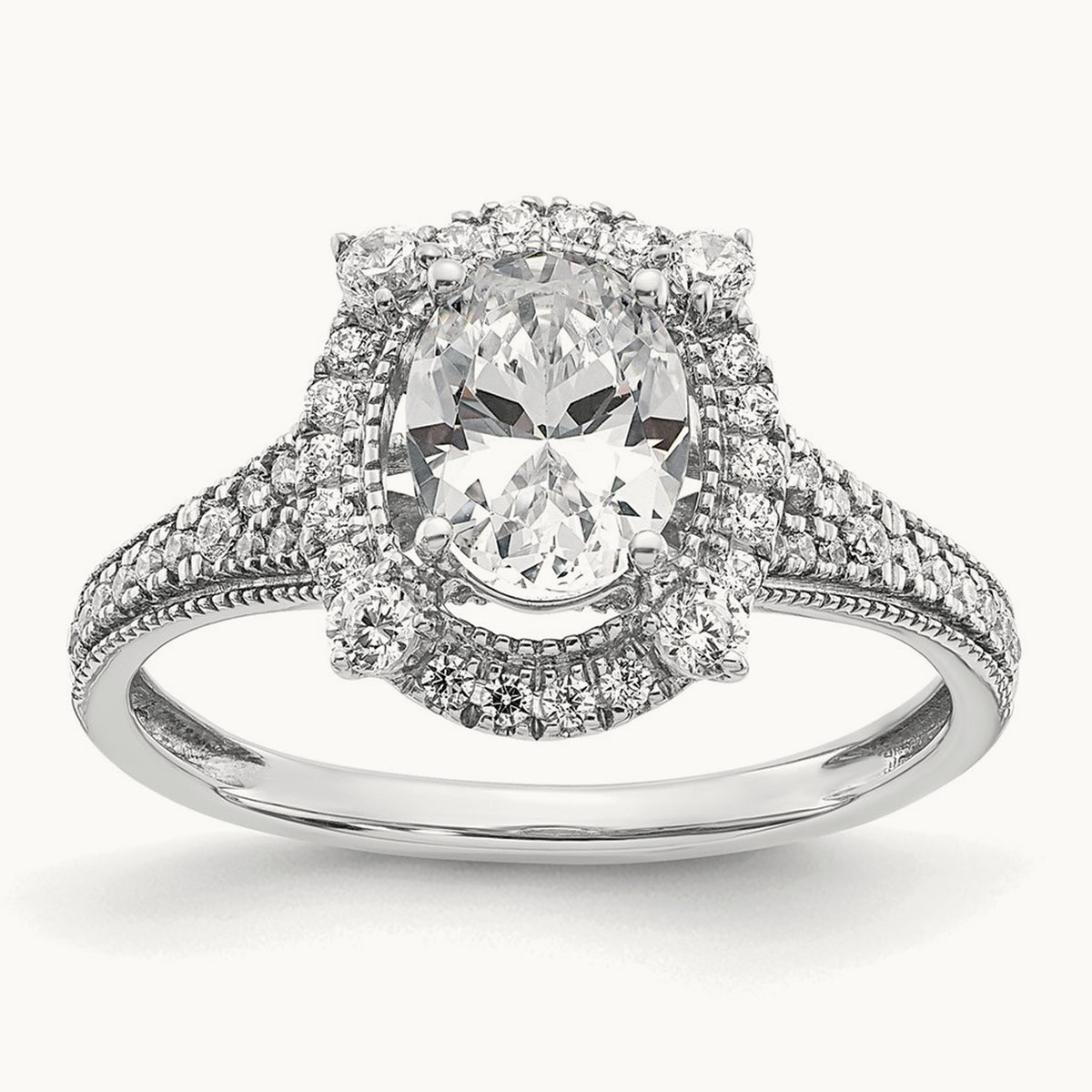 Setting: Vintage 1ct Oval Halo Diamond Semi-Mount Ring, 14K Gold — 14K White Gold