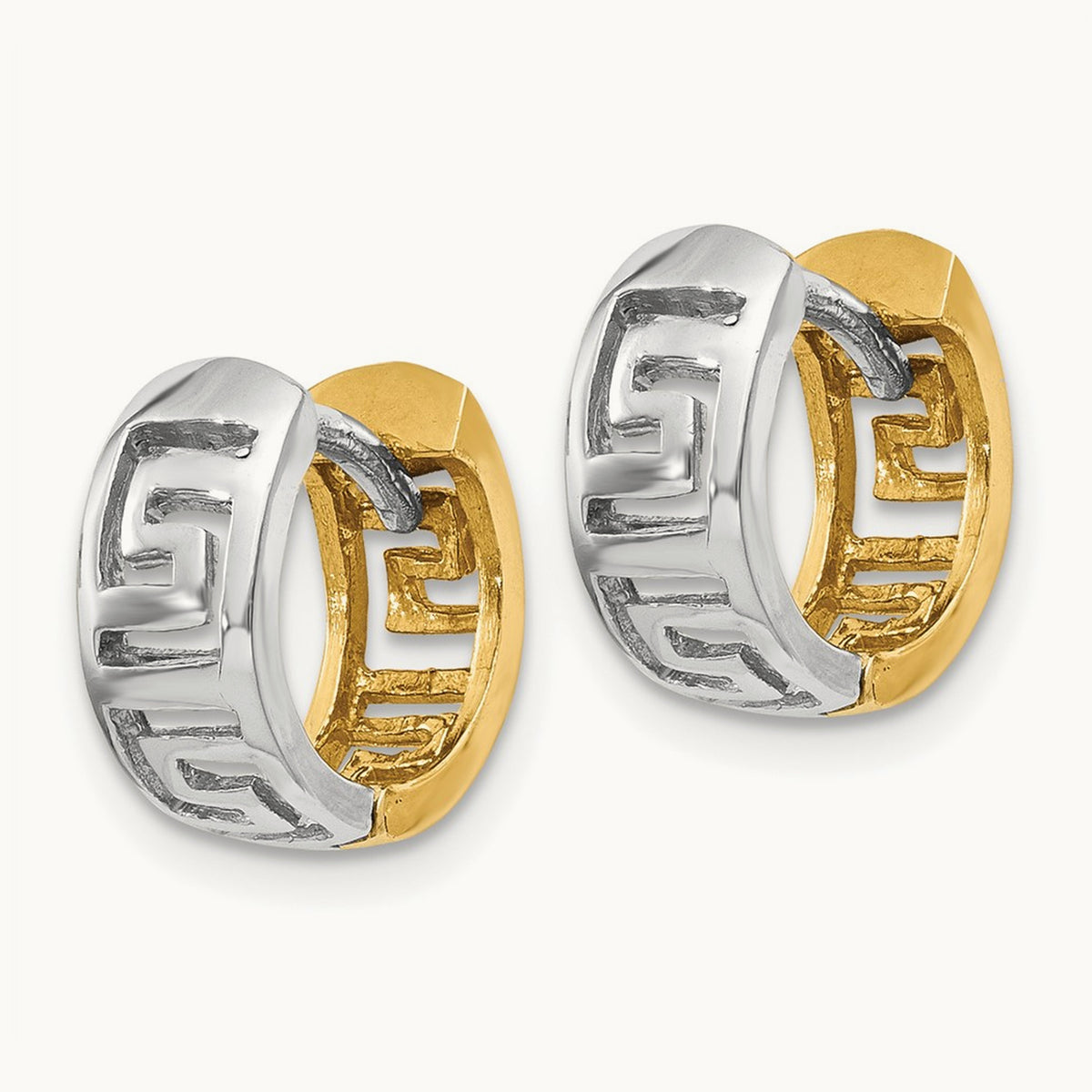 Greek Key Hinged Hoop Earrings — 14K Two-Tone Gold