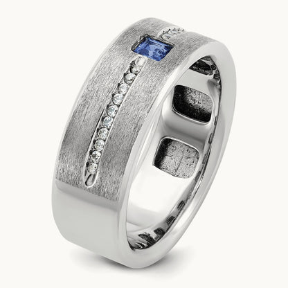 IBGoodman Men's Satin Cr. Sapphire Diamond Complete Ring, 14K White Gold