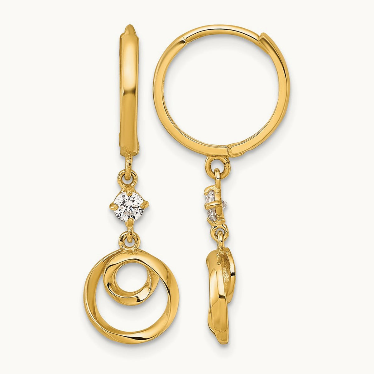 Twisted Dangling Circle Hinged Round Hoop Earrings, 14K