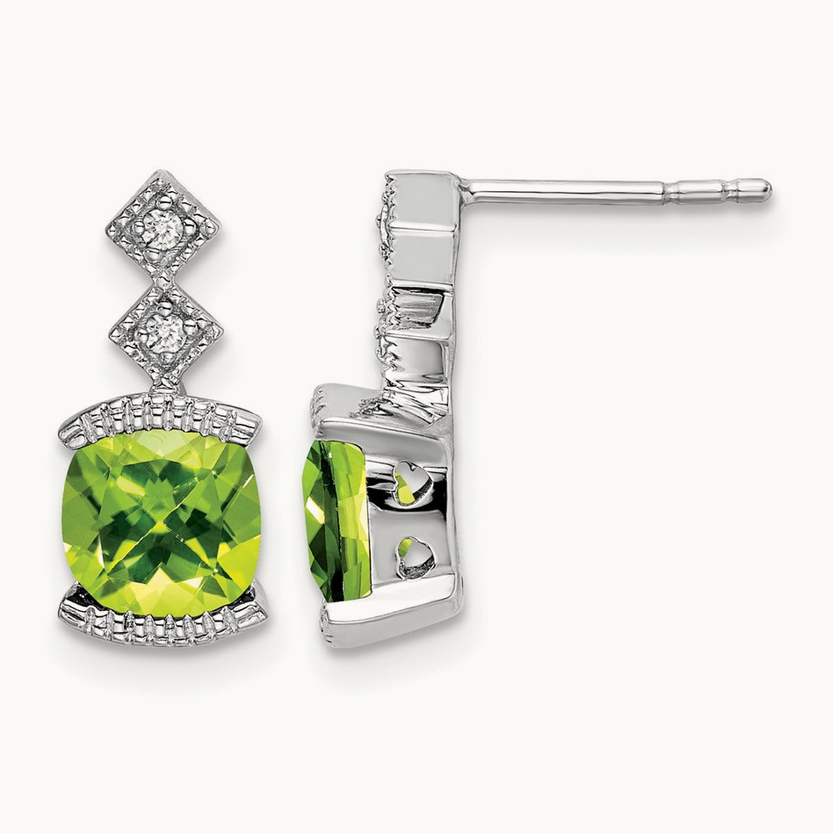 Peridot and Diamond Earrings — 14K White Gold