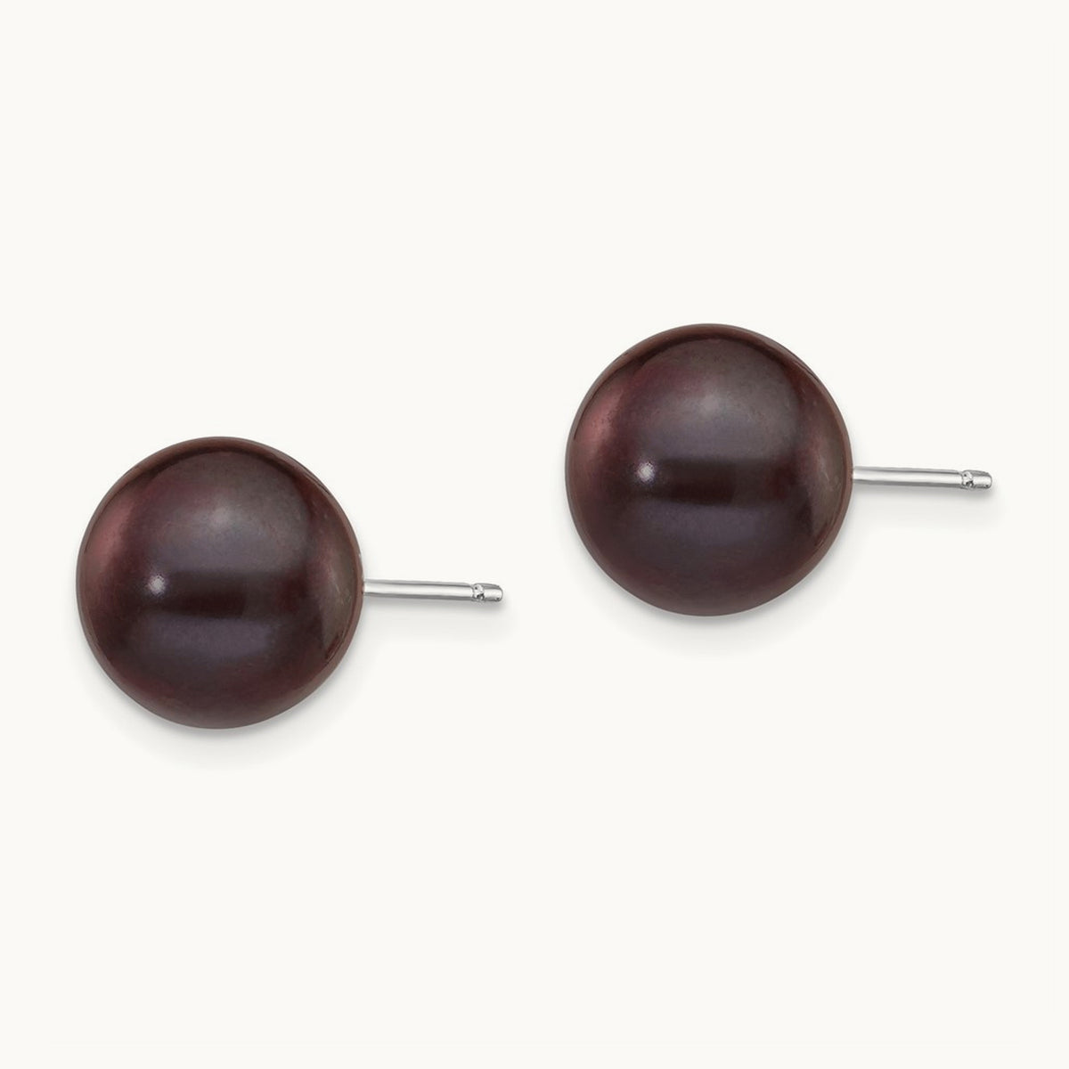 9- Black Round FW Cultured Pearl Stud Post Earrings, 10mm, 14K White Gold
