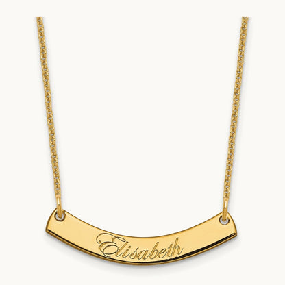 Small EDWARDIAN SCRIPT Curved Bar Necklace, 14K Yellow Gold