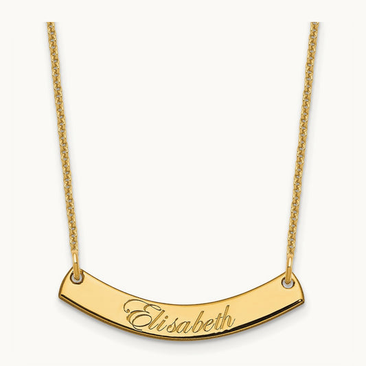 Small EDWARDIAN SCRIPT Curved Bar Necklace, 14K Yellow Gold