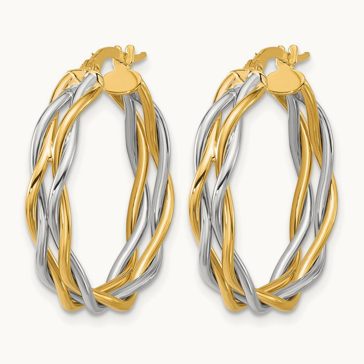 Polished Twisted Round Hoop Earrings with Rhodium — 25mm