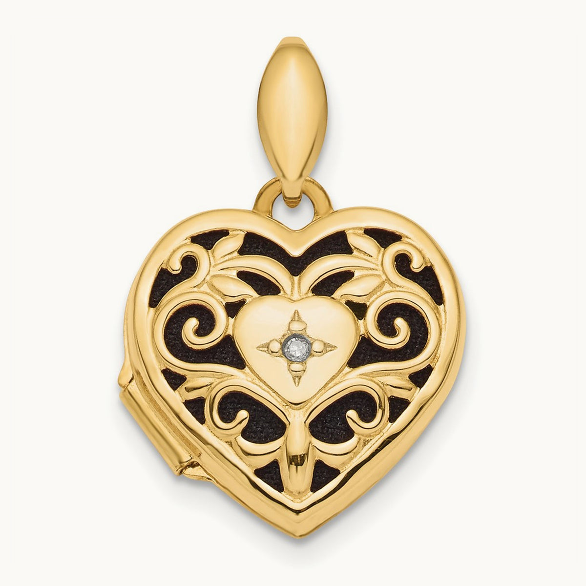 Polished Filigree w/ Black Fabric Diamond Heart Locket, 14K